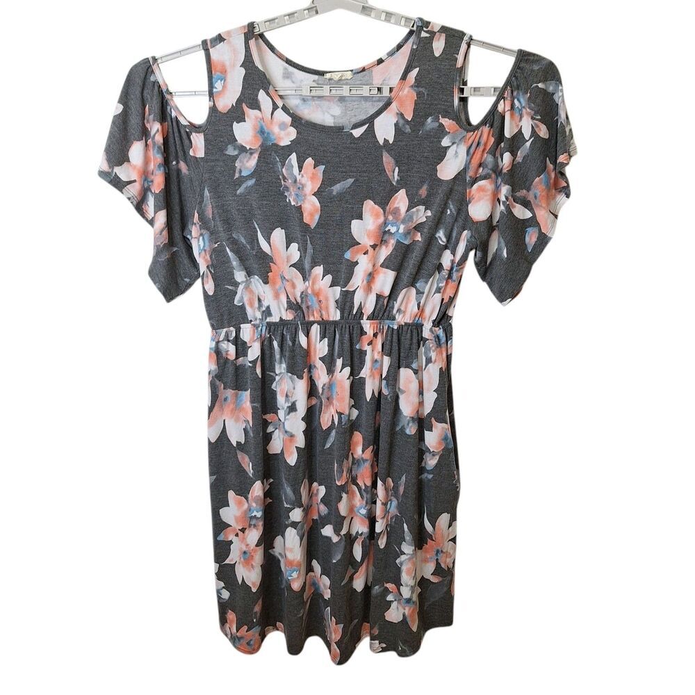 Sweet Lovely By Jen Womens Dress Size3XL Pink  Gray Ruffle Cold Shoulder Floral‎